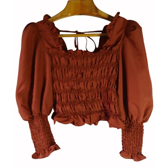 Milk & Honey Tops - Milk Honey Smocked Rust Orange Shirt Top Size M Puff Sleeve Ruffle Cropped